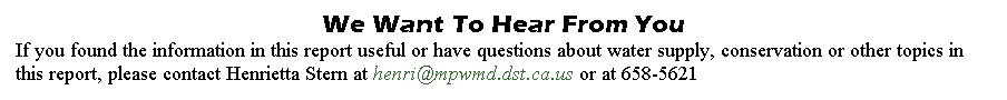 Text Box: We Want To Hear From You
If you found the information in this report useful or have questions about water supply, conservation or other topics in this report, please contact Henrietta Stern at henri@mpwmd.dst.ca.us or at 658-5621 
